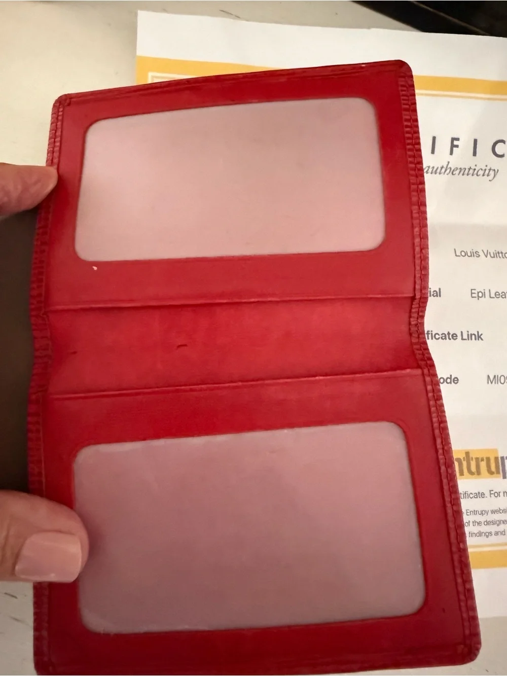 Louis Vuitton authenticated great condition red Epi leather credit card